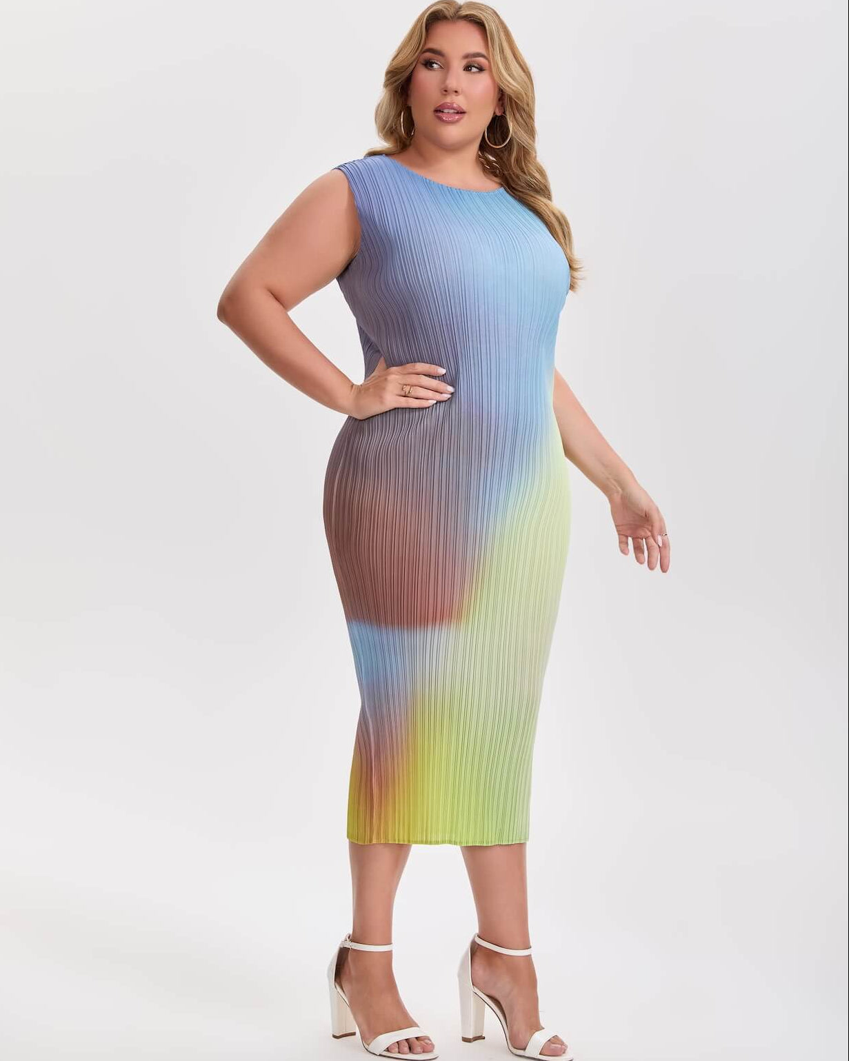 Pleated Ombre Midi Dress | Sleeveless, Stretchy & Inclusive Fit
