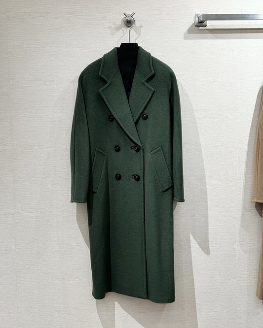 Women’s Double-Faced 100% Wool & Cashmere Double-Breasted Coat -MOSS GREEN