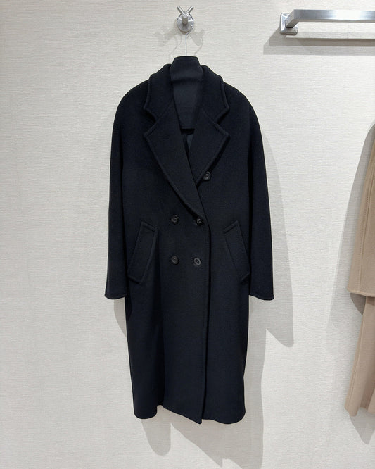 Women’s Double-Faced 100% Wool & Cashmere Double-Breasted Coat- BLACK