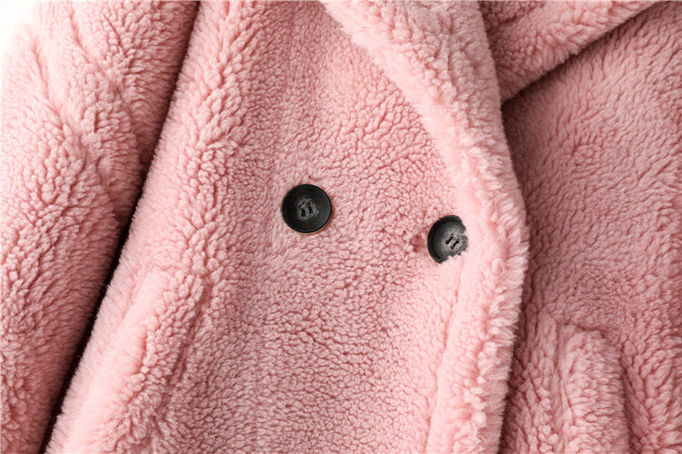 Teddy Bear Icon 100% Wool&Cashmere Coat–Cherry Blossom Pink with Hood