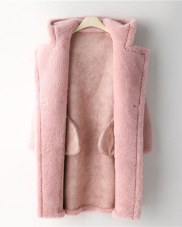 Teddy Bear Icon 100% Wool&Cashmere Coat–Cherry Blossom Pink with Hood