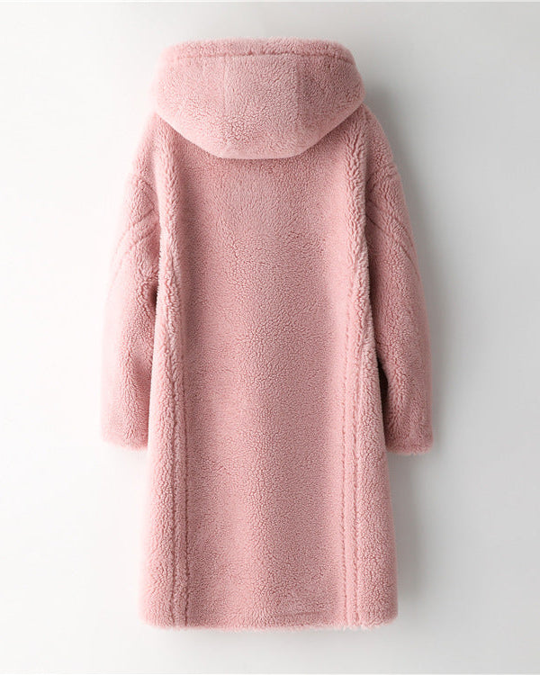 Teddy Bear Icon 100% Wool&Cashmere Coat–Cherry Blossom Pink with Hood
