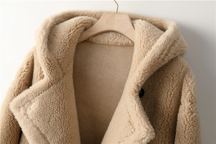 Teddy Bear Icon 100% Wool&Cashmere Coat–Apricot with Hood