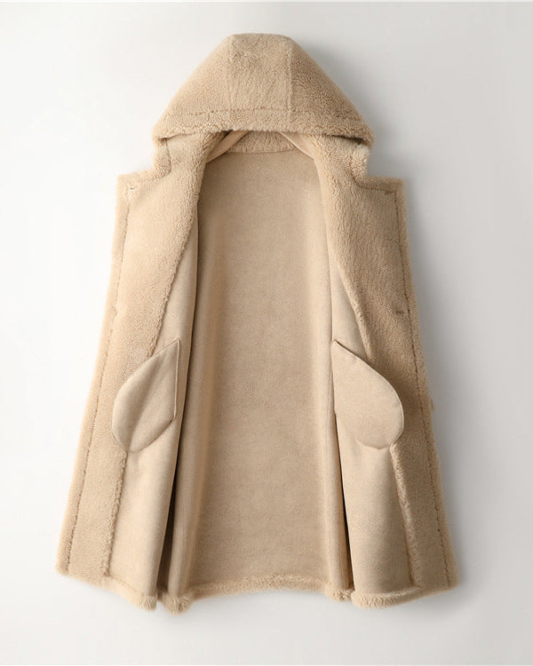 Teddy Bear Icon 100% Wool&Cashmere Coat–Apricot with Hood