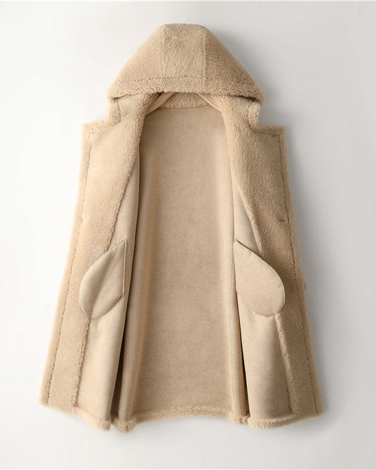 Teddy Bear Icon 100% Wool&Cashmere Coat–Apricot with Hood