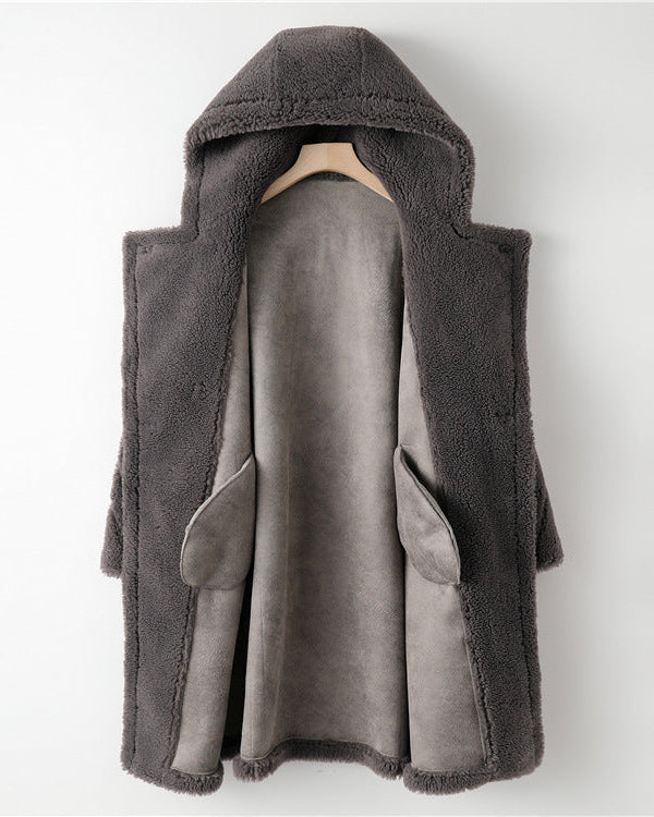 Teddy Bear Icon 100% Wool&Cashmere Coat–Gray with Hood