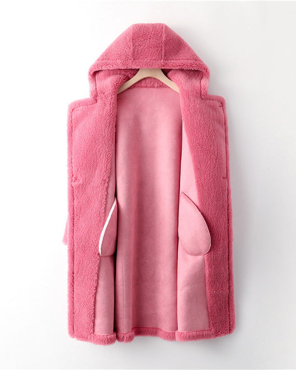 Teddy Bear Icon 100% Wool&Cashmere Coat–Pink with Hood