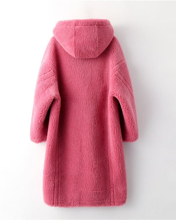 Teddy Bear Icon 100% Wool&Cashmere Coat–Pink with Hood