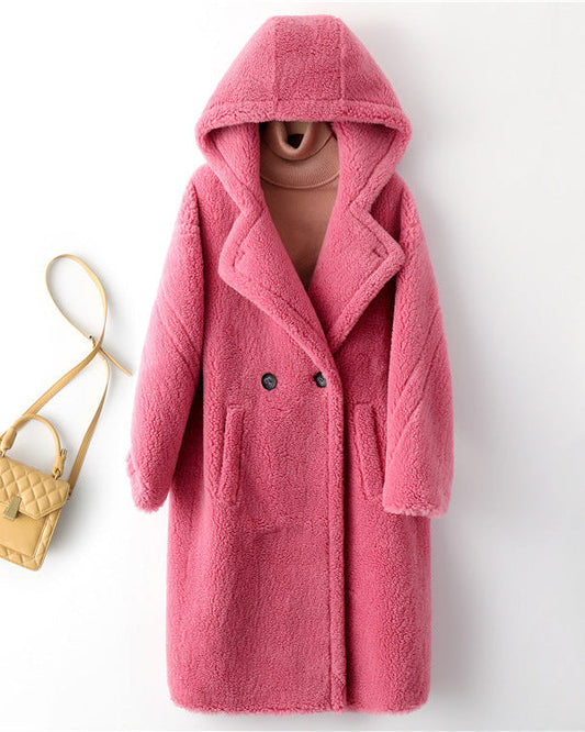 Teddy Bear Icon 100% Wool&Cashmere Coat–Pink with Hood