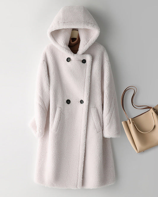 Teddy Bear Icon 100% Wool&Cashmere Coat–Ivory with Hood
