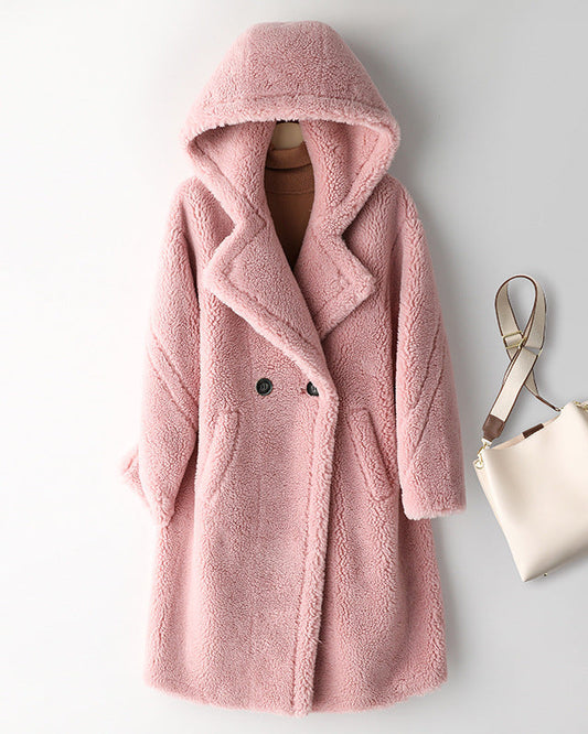 Teddy Bear Icon 100% Wool&Cashmere Coat–Cherry Blossom Pink with Hood
