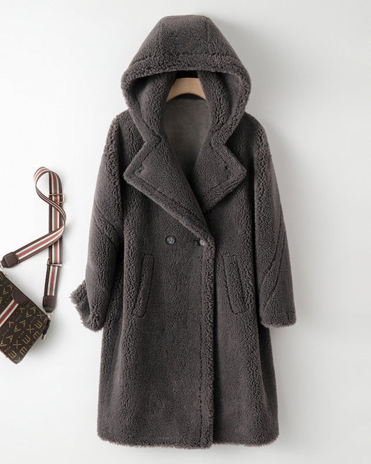 Teddy Bear Icon 100% Wool&Cashmere Coat–Gray with Hood