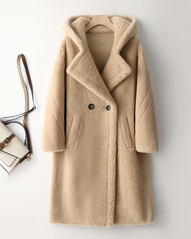 Teddy Bear Icon 100% Wool&Cashmere Coat–Apricot with Hood