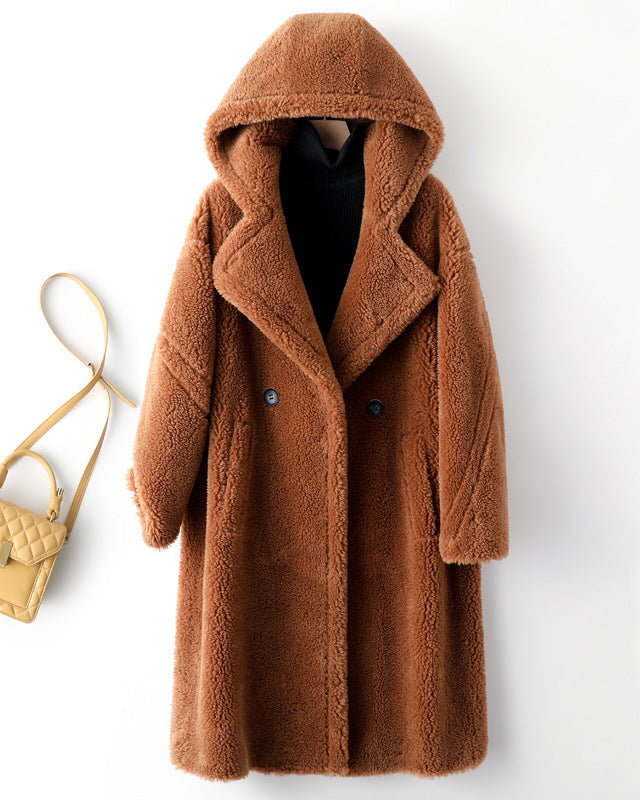 Teddy Bear Icon 100% Wool&Cashmere Coat–Brown with Hood