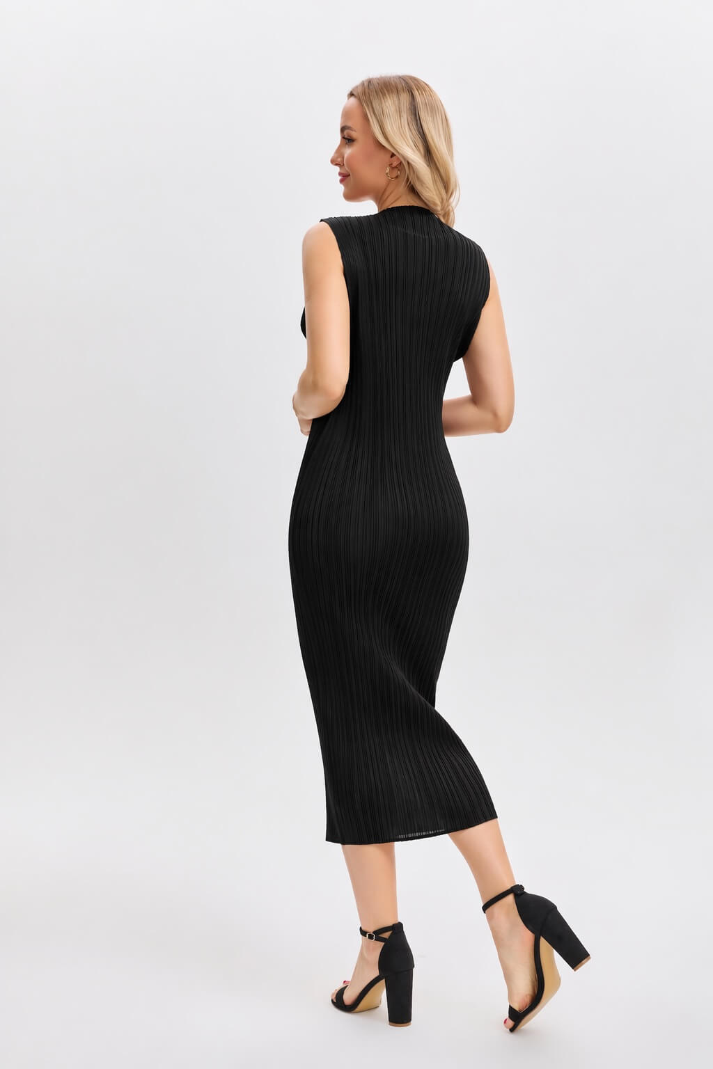 Pleated Midi Dress | Sleeveless, Stretchy, Maternity Friendly -Black