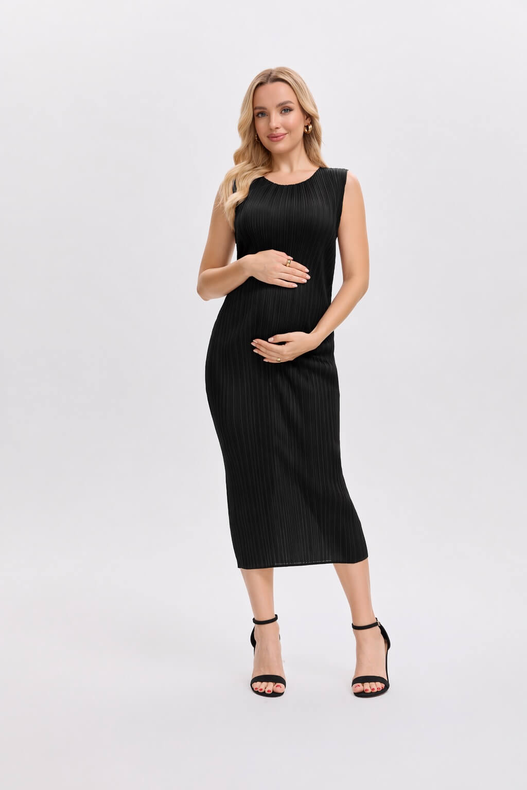 Pleated Midi Dress | Sleeveless, Stretchy, Maternity Friendly -Black