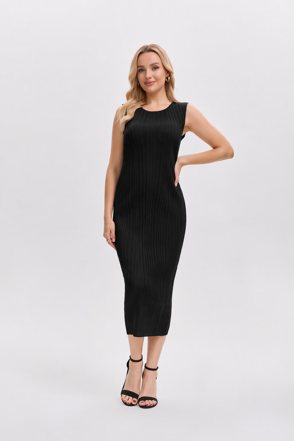Pleated Midi Dress | Sleeveless, Stretchy, Maternity Friendly -Black
