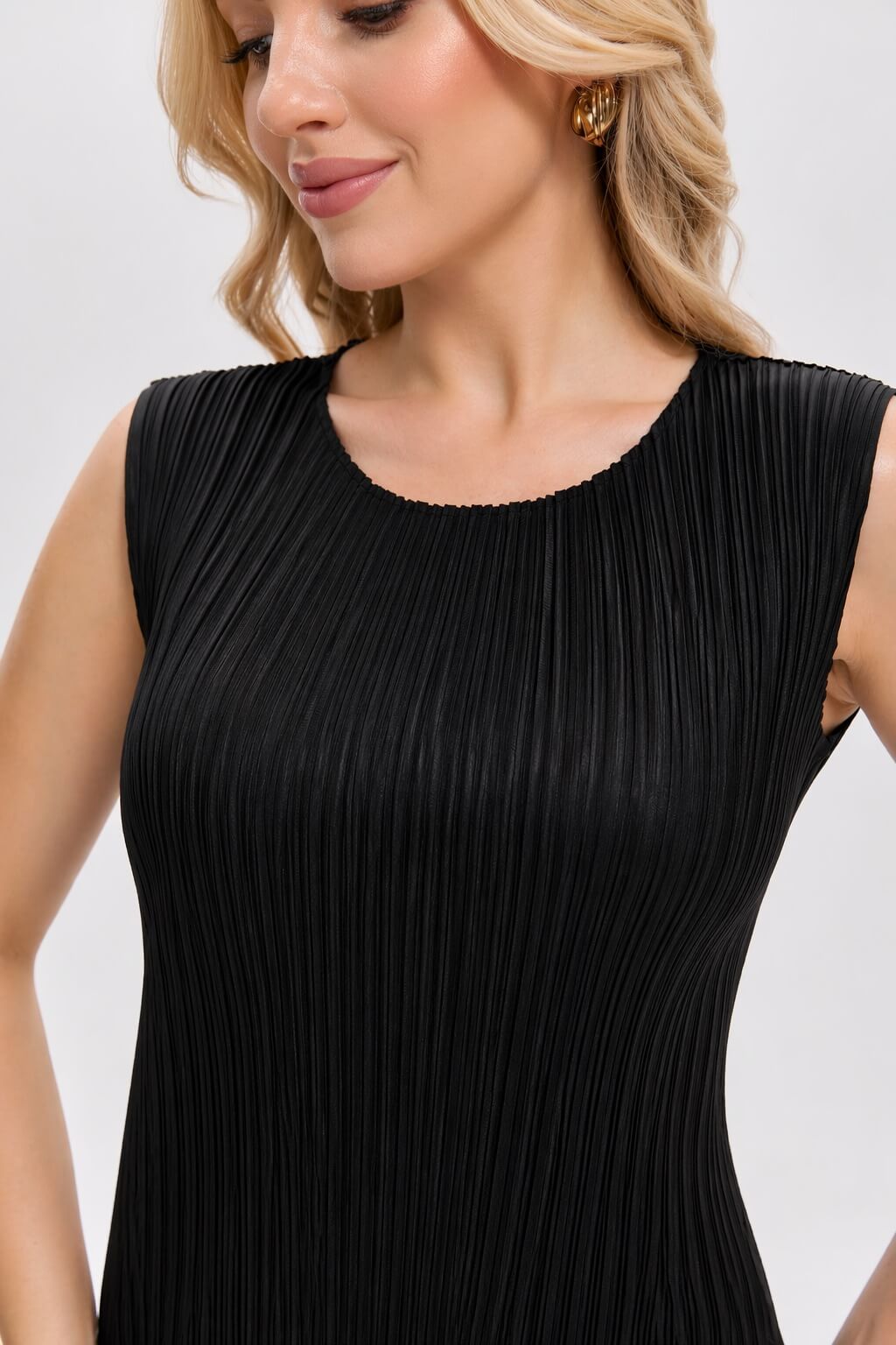Pleated Midi Dress | Sleeveless, Stretchy, Maternity Friendly -Black
