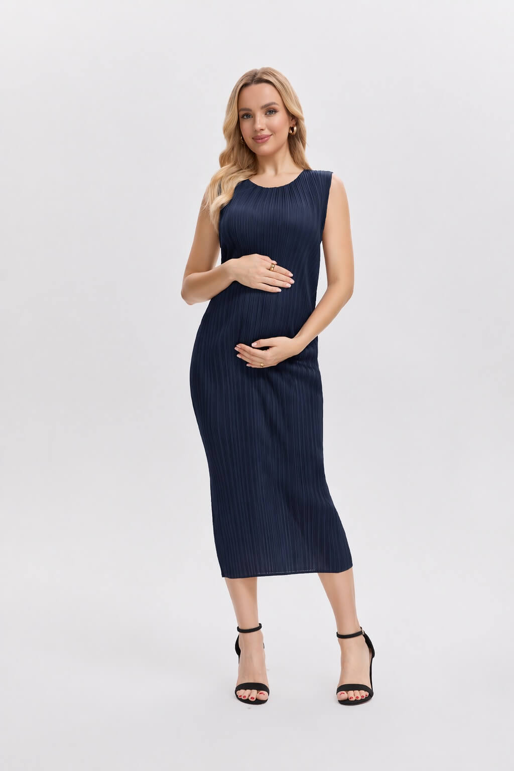 Pleated Midi Dress -Navy Blue