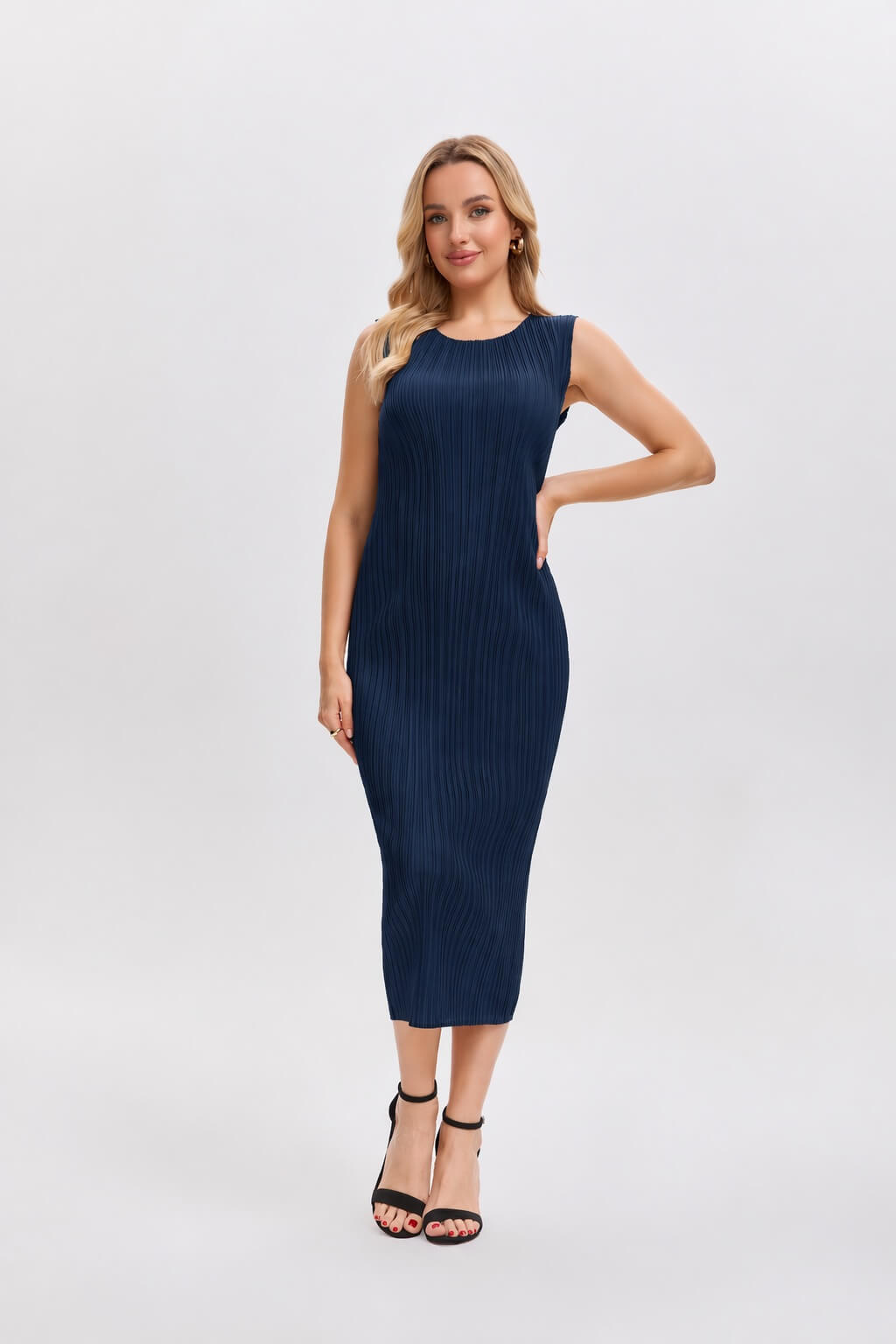 Pleated Midi Dress -Navy Blue