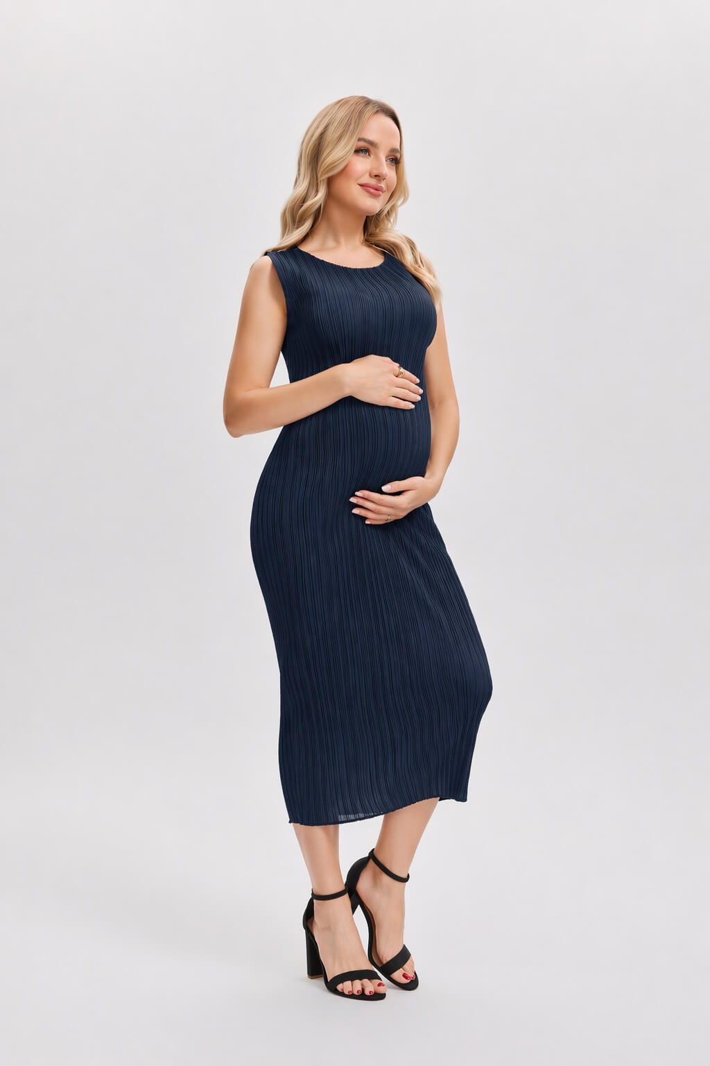 Pleated Midi Dress -Navy Blue