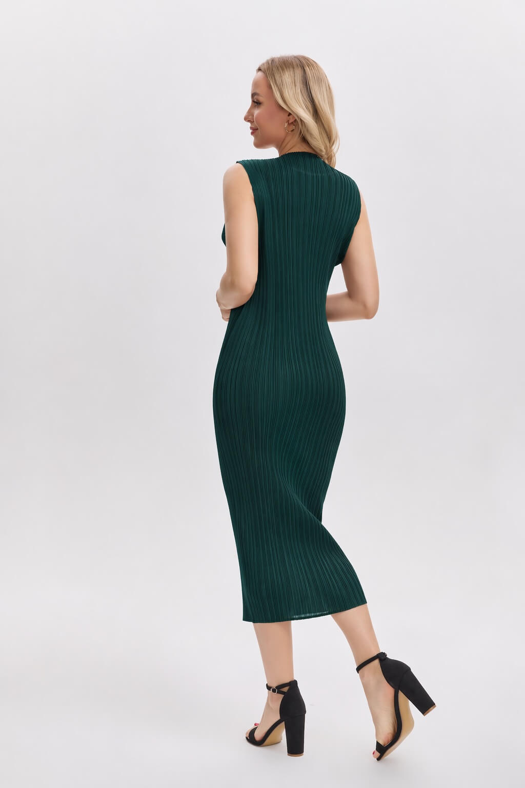 Pleated Midi Dress | Sleeveless, Stretchy, Maternity Friendly -Olive Green