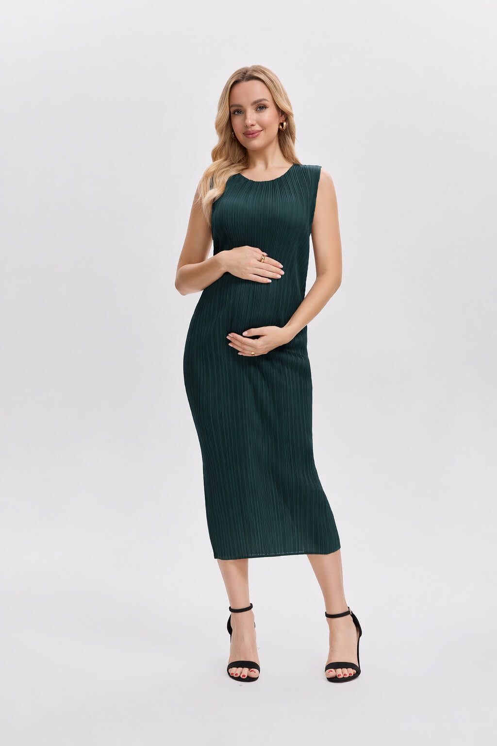 Pleated Midi Dress | Sleeveless, Stretchy, Maternity Friendly -Olive Green