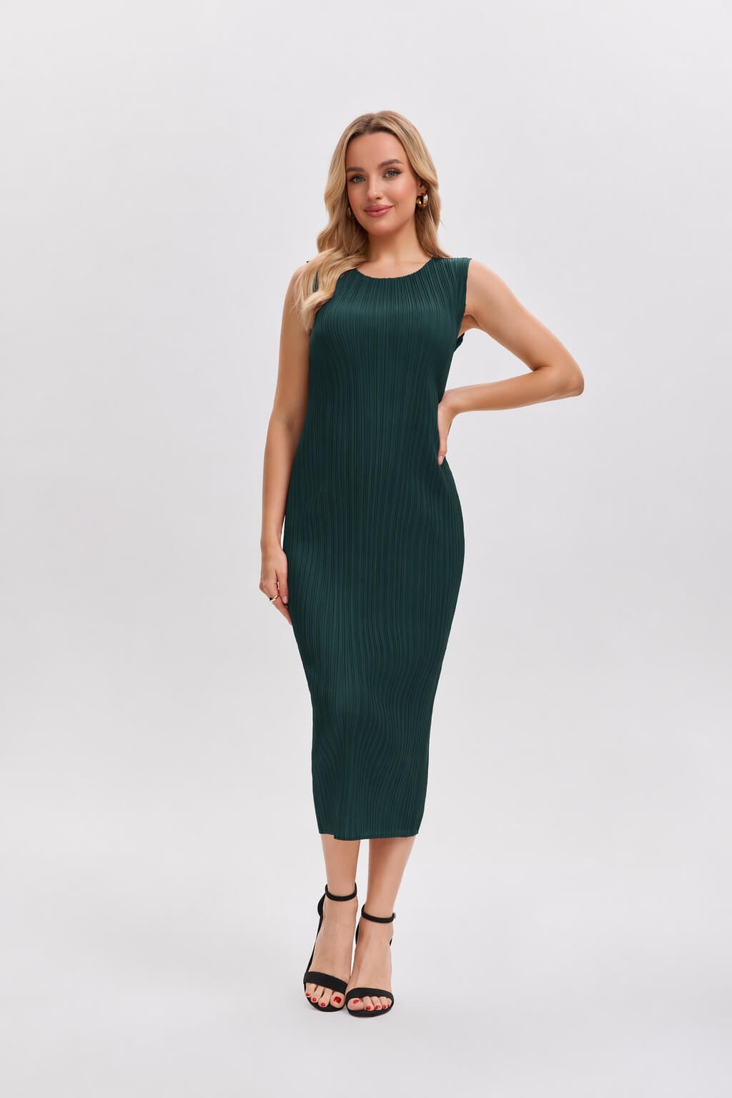 Pleated Midi Dress | Sleeveless, Stretchy, Maternity Friendly -Olive Green