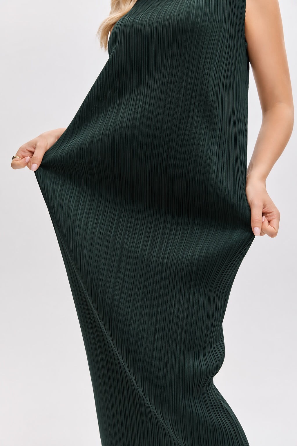 Pleated Midi Dress | Sleeveless, Stretchy, Maternity Friendly -Olive Green