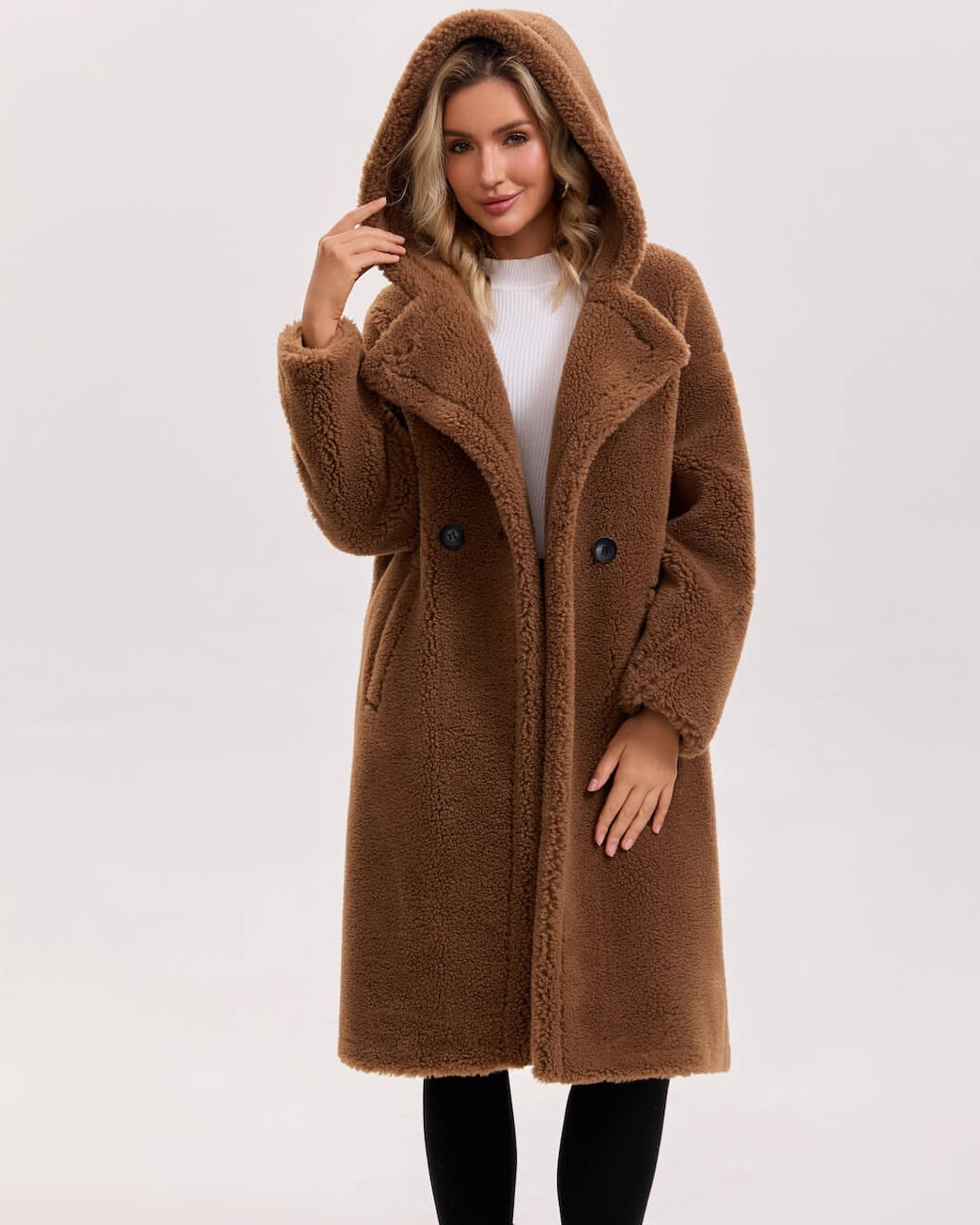 Teddy Bear Icon 100% Wool&Cashmere Coat–Brown with Hood