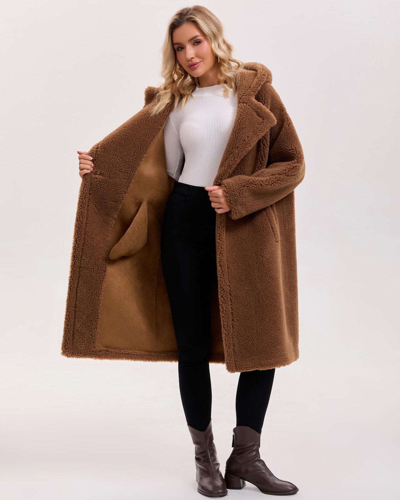 Teddy Bear Icon 100% Wool&Cashmere Coat–Brown with Hood