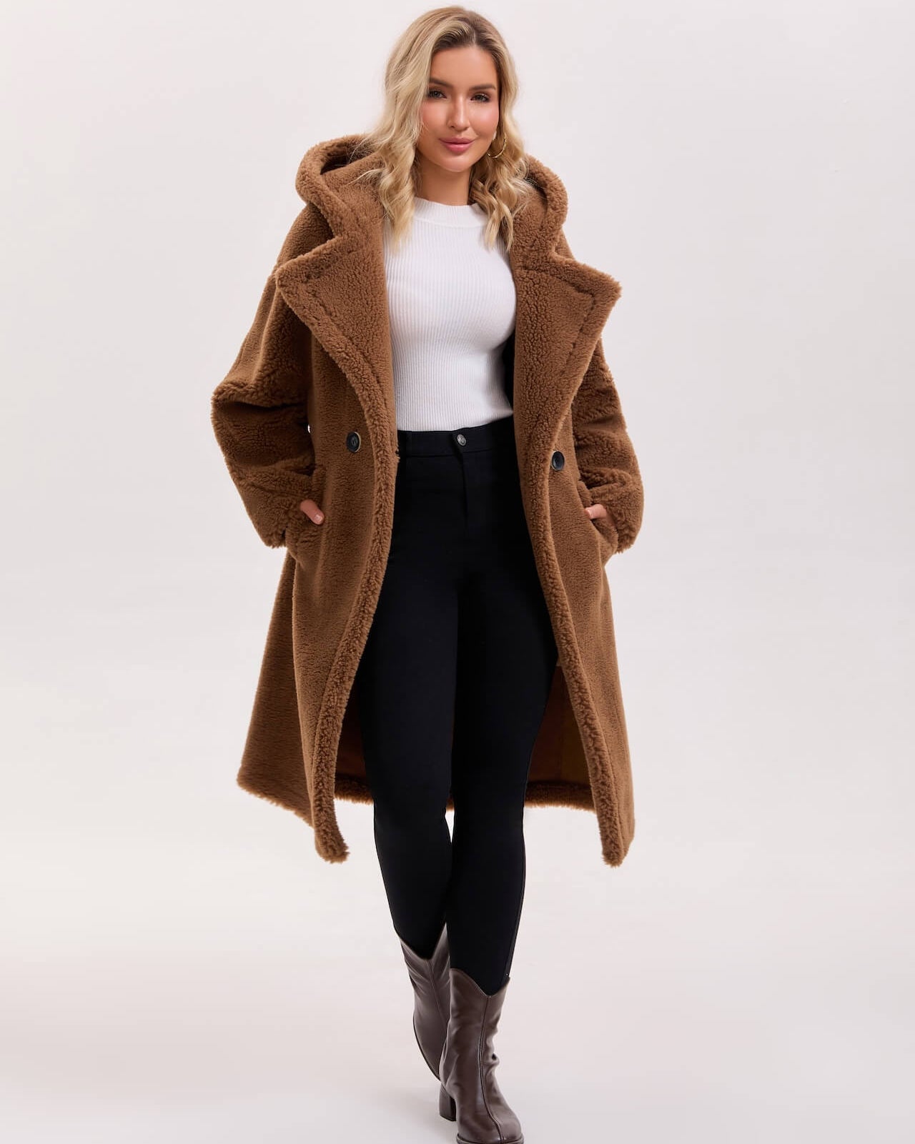 Teddy Bear Icon 100% Wool&Cashmere Coat–Brown with Hood