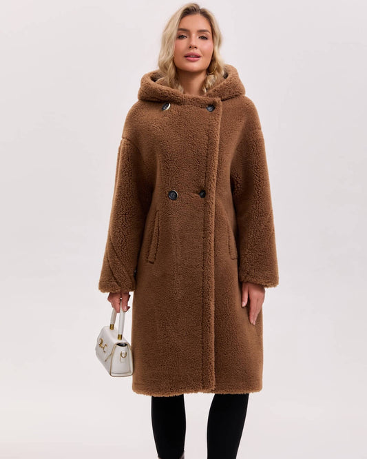 Teddy Bear Icon 100% Wool&Cashmere Coat–Brown with Hood